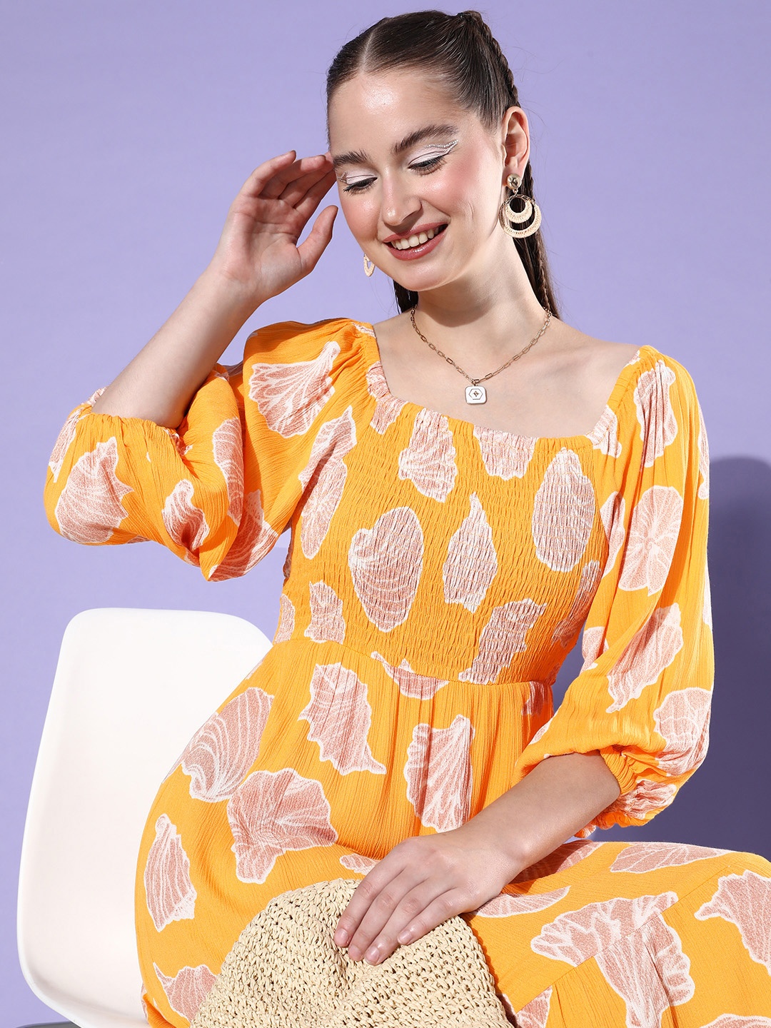 

all about you Printed Puff Sleeve Romance Ramble-Decorative Smocking A-Line Dress, Yellow