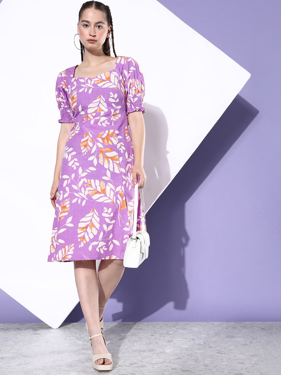 

all about you Pure Cotton Printed Puff Sleeve 90's Hollaback-Neck it is ! A-Line Dress, Violet