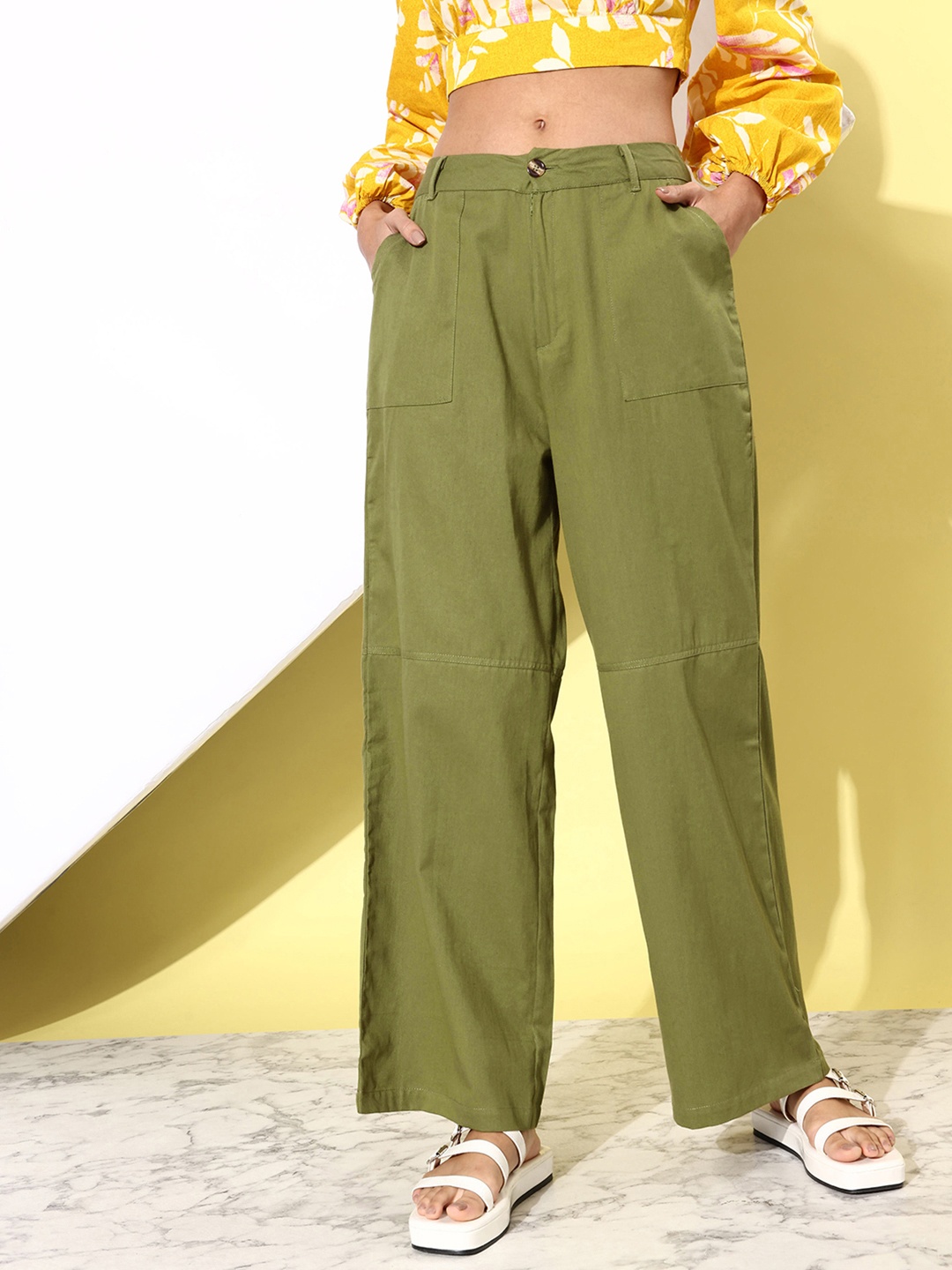

all about you Women Solid Mid-Rise Regular Trousers, Olive