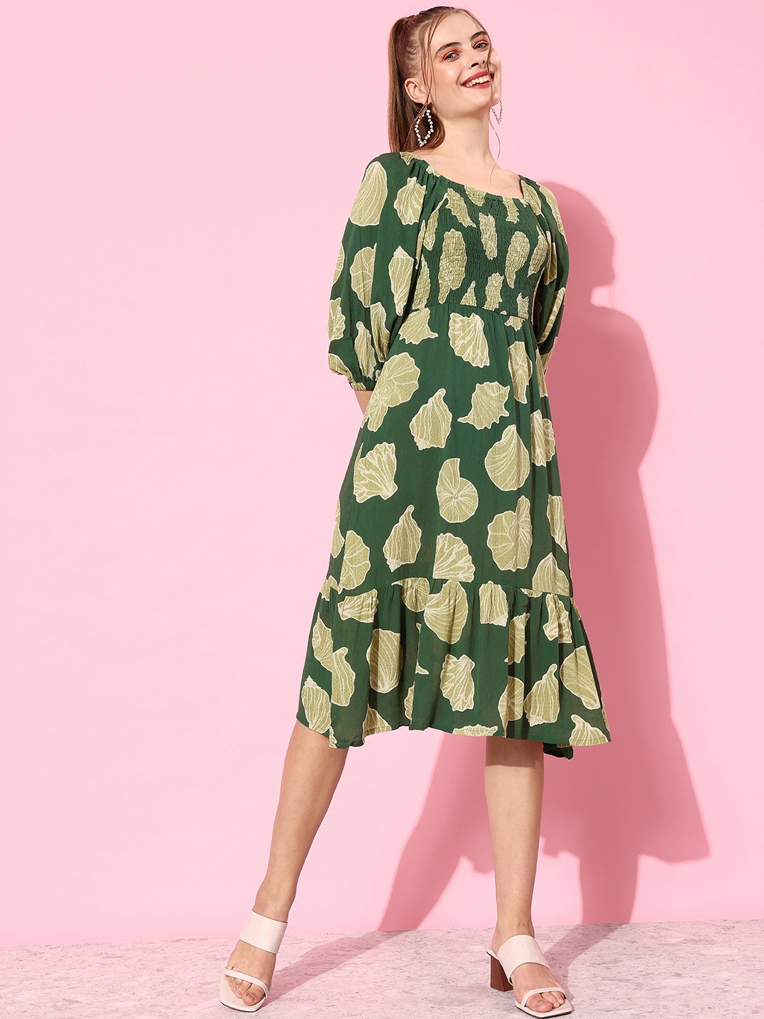 

all about you Square Neck Printed A-Line Dress, Green