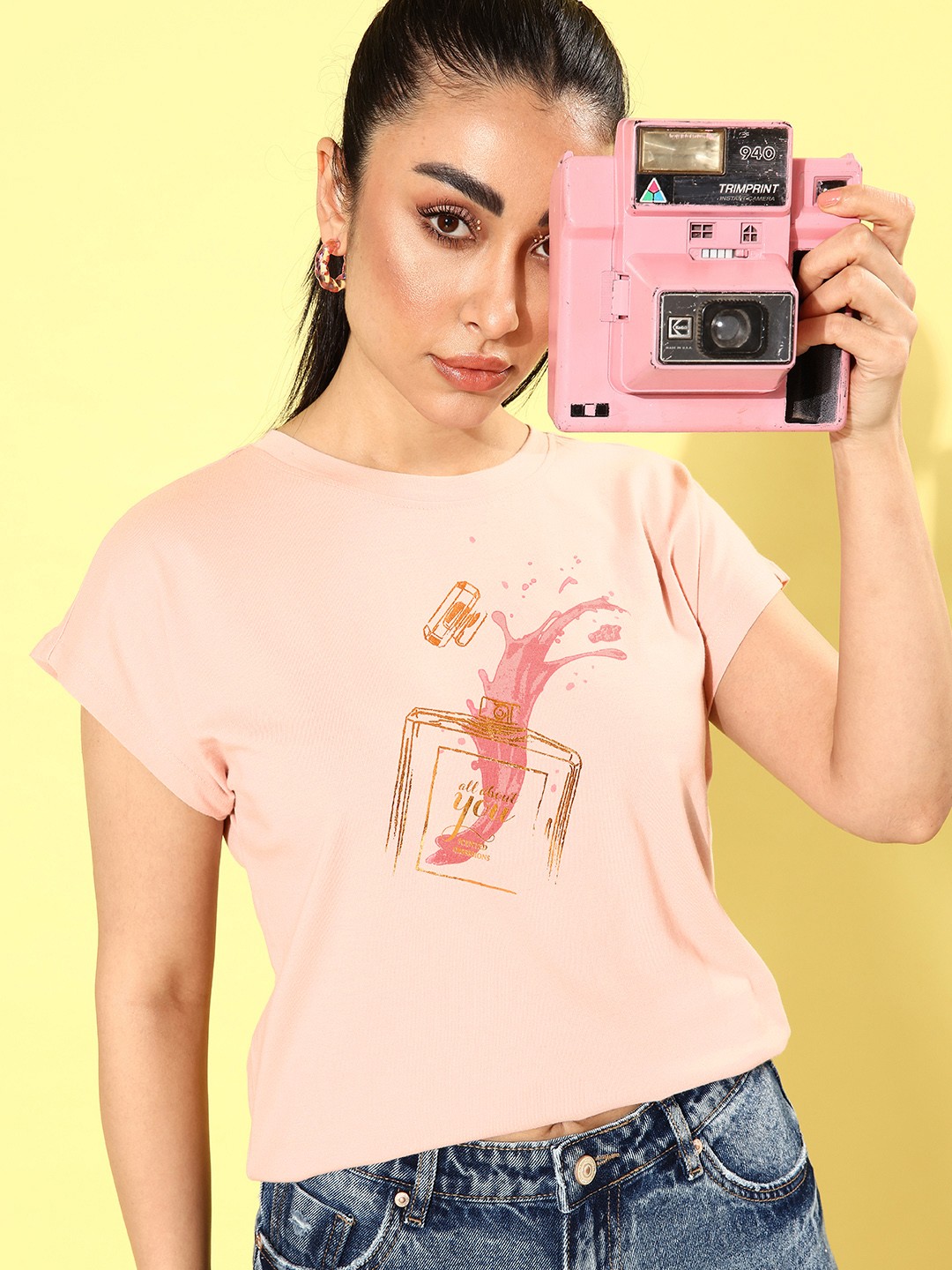 

all about you Baby Pink Vacay Chill Graphic High Printed T-shirt