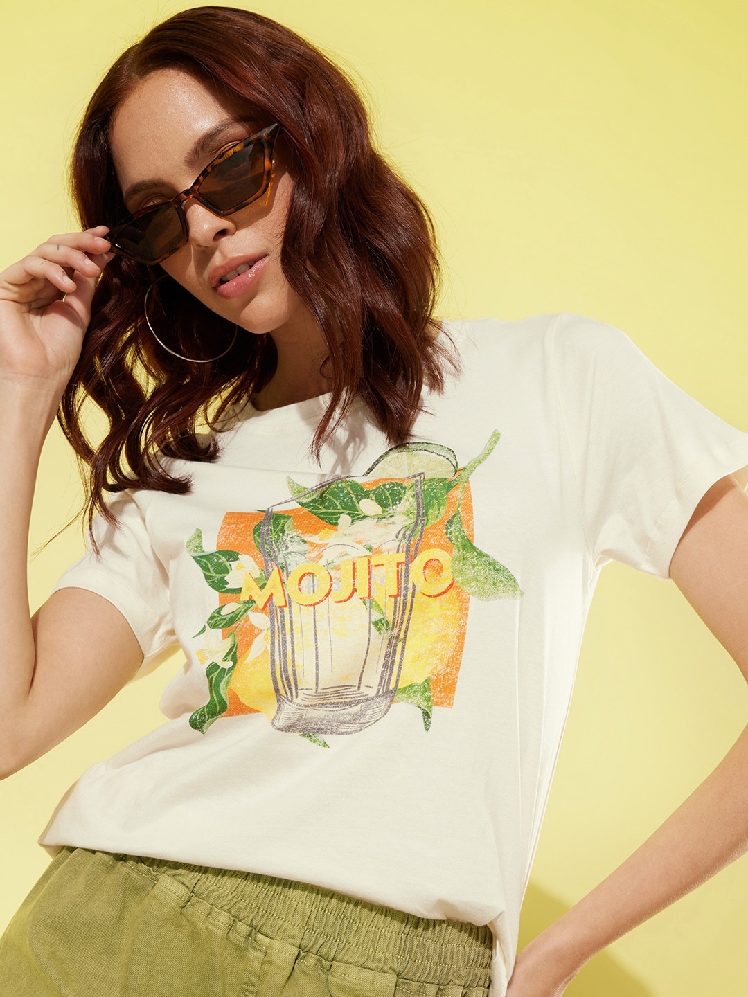 

all about you Pure Cotton Pale White Vacay Chill-Graphic High T-shirt, Off white