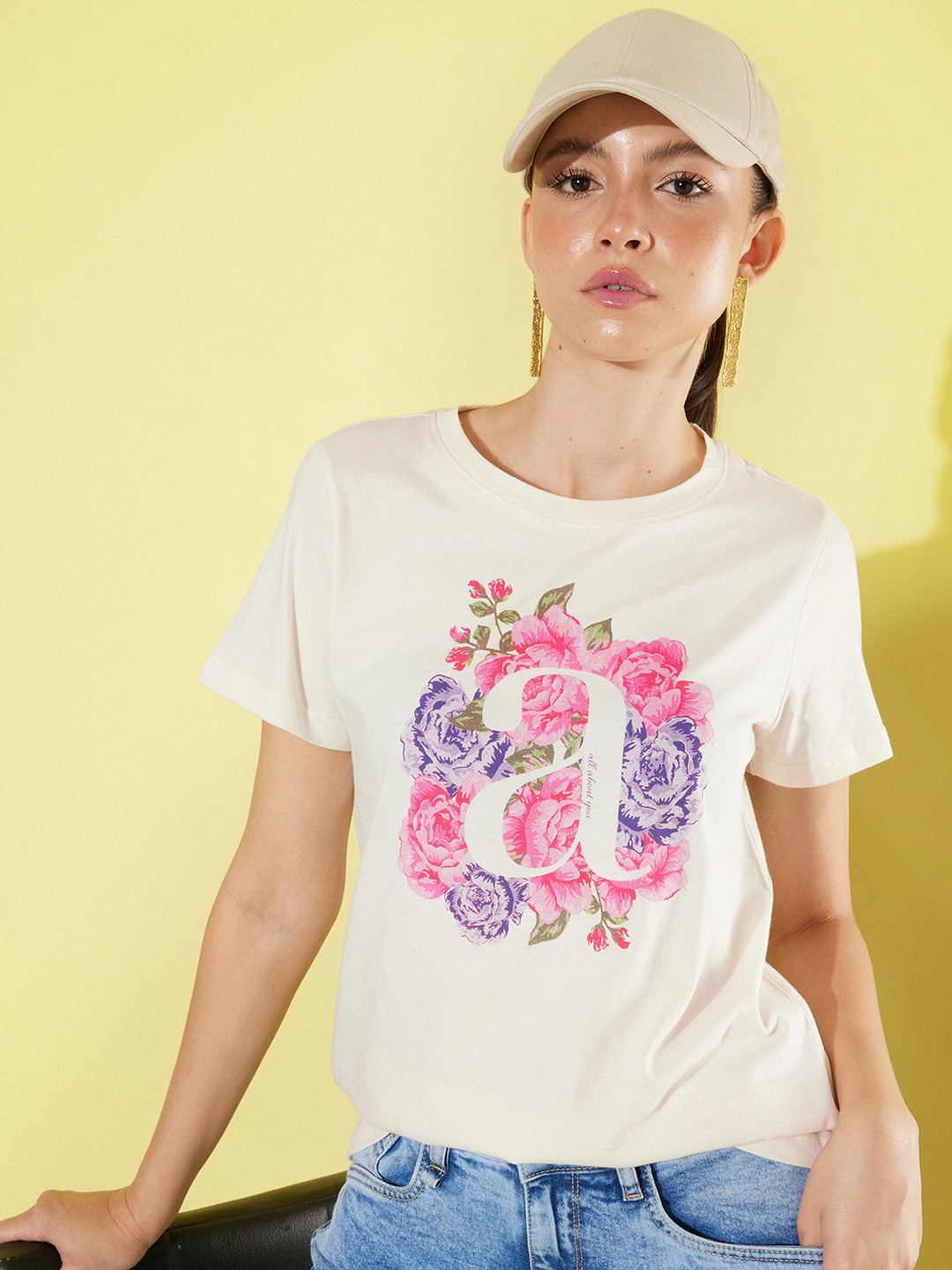 

all about you Pure Cotton Pale White Vacay Chill-Graphic High T-shirt, Off white