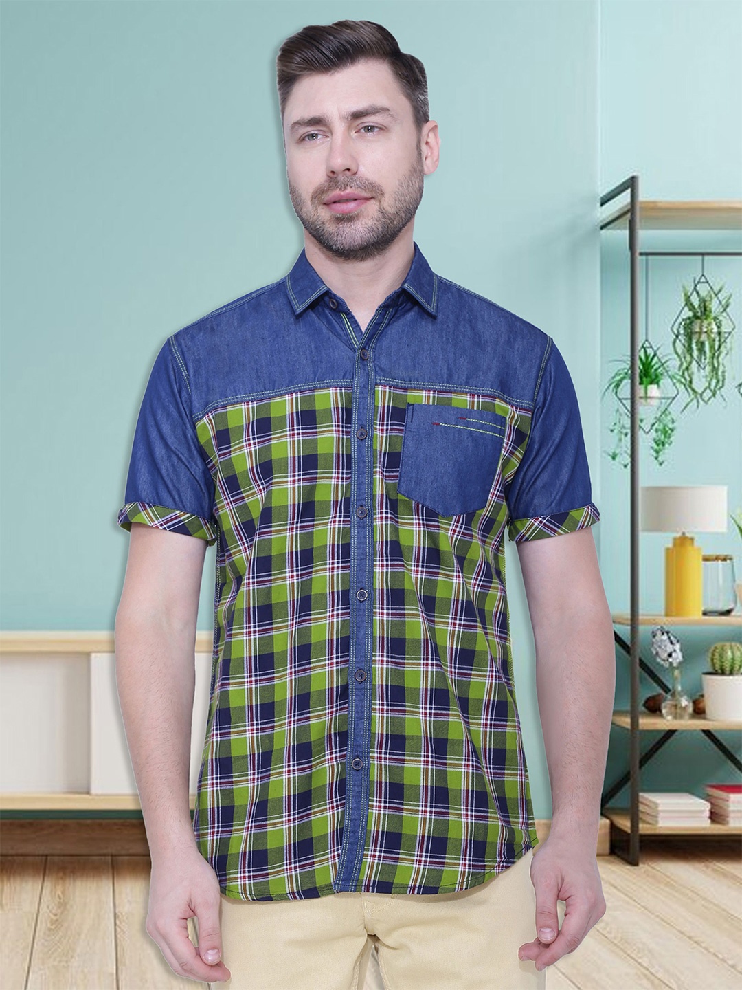 

Kuons Avenue Men Smart Slim Fit Checked Casual Shirt, Green