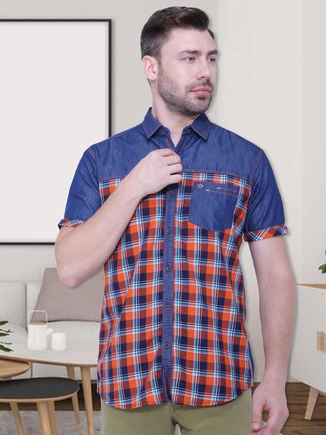 

Kuons Avenue Men Smart Slim Fit Checked Casual Shirt, Orange