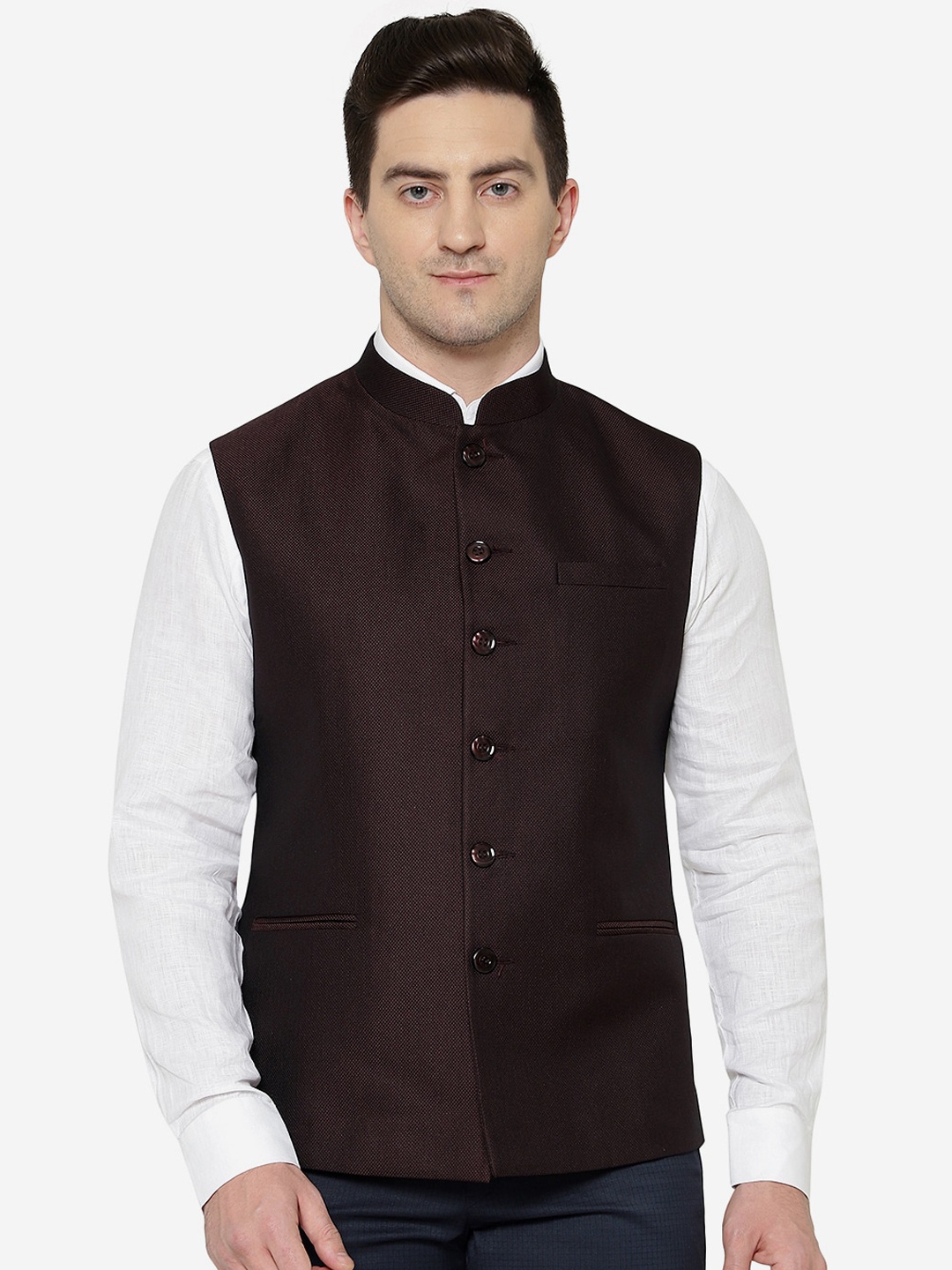

Greenfibre Men Mandarin Collar Nehru Jacket, Maroon