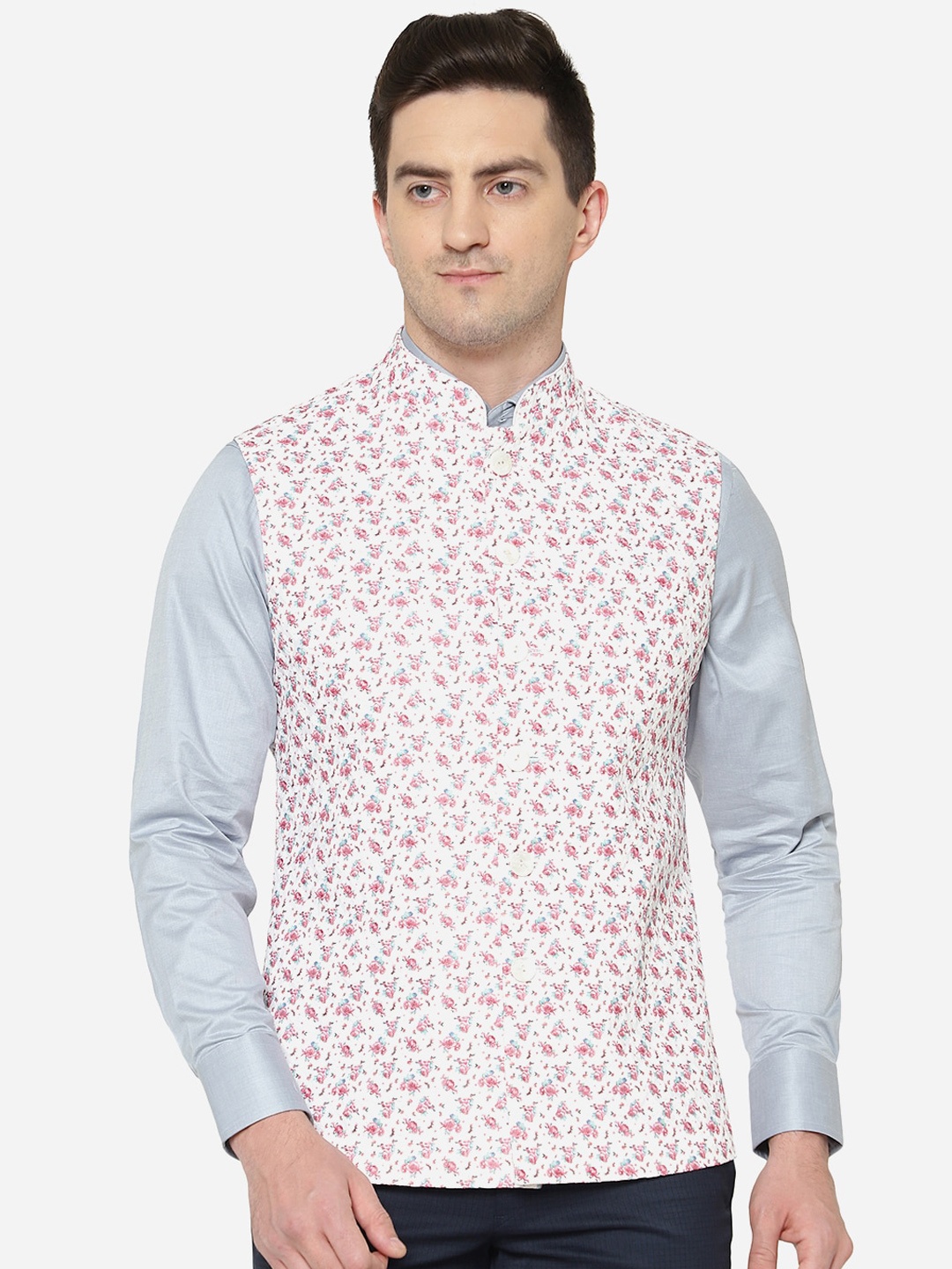

Greenfibre Men Floral Printed Nehru Jacket, White