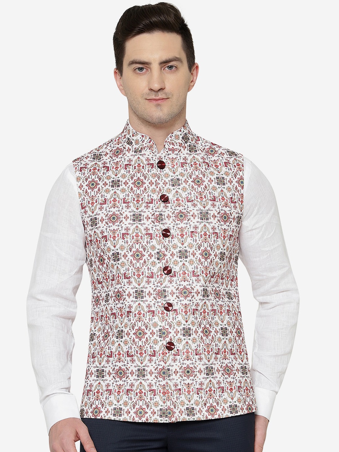 

Greenfibre Men Geometric Printed Nehru Jacket, White