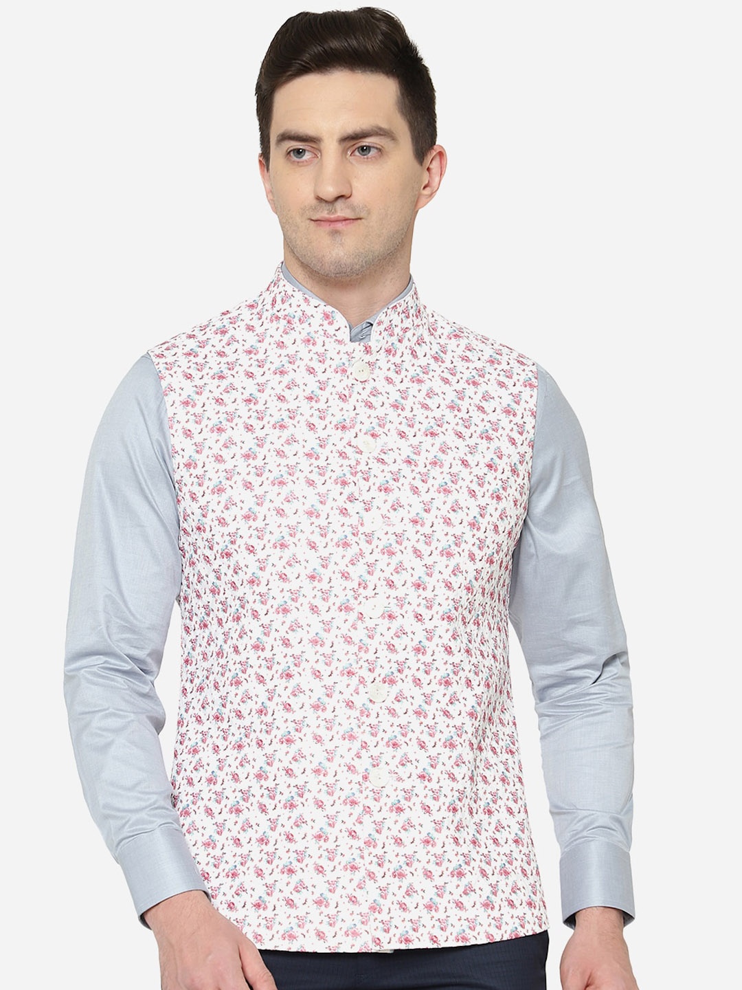 

Greenfibre Men Floral Printed Nehru Jacket, Pink