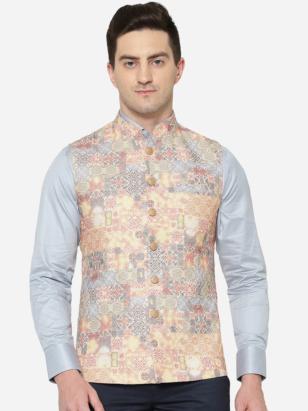 

Greenfibre Men Printed Mandarin Collar Nehru Jacket, Cream