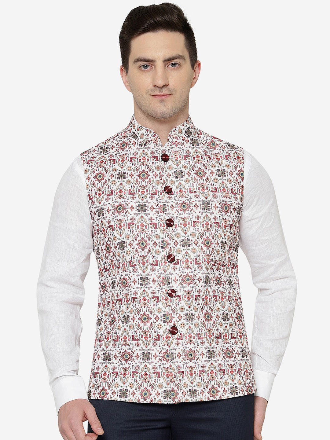 

Greenfibre Men Geometric Printed Nehru Jacket, Brown