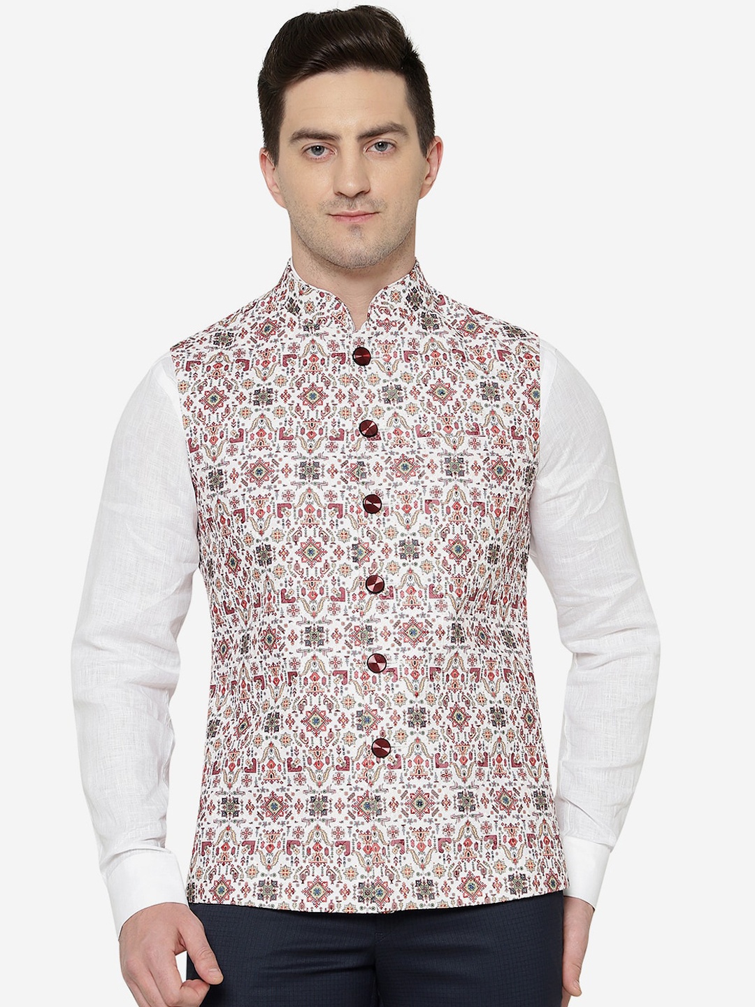 

Greenfibre Men Mandarin Collar Floral Tailored Jacket, Brown