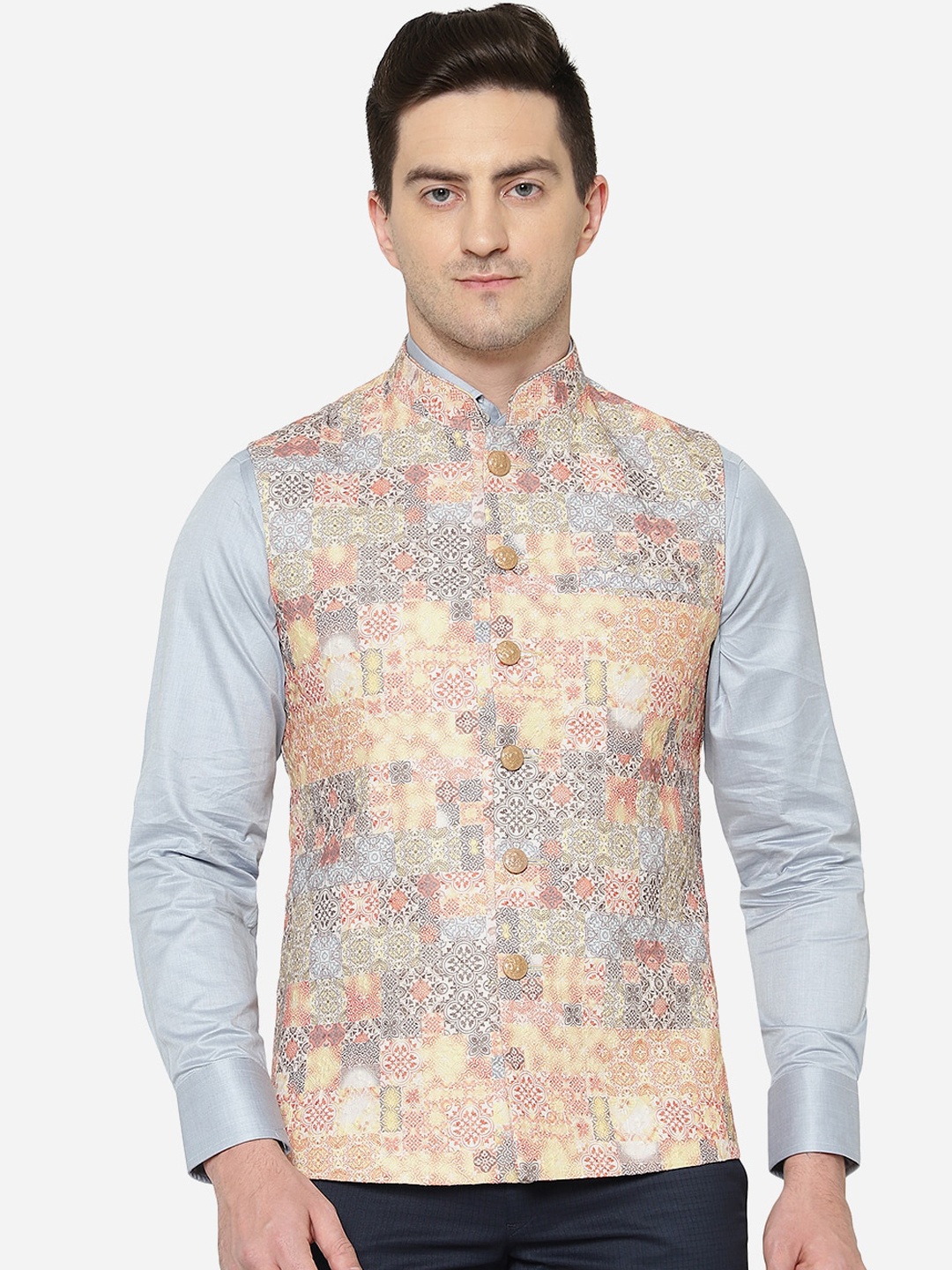 

Greenfibre Men Mandarin Collar Floral Tailored Jacket, Brown