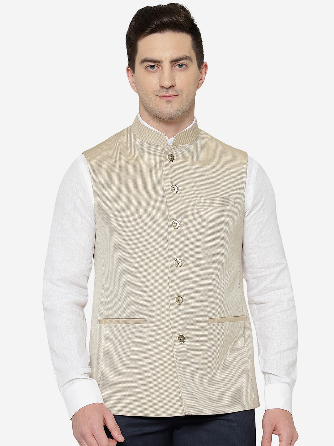 

MODI JACKET Men Khaki Tailored Regular Fit Cotton Wasitcoat