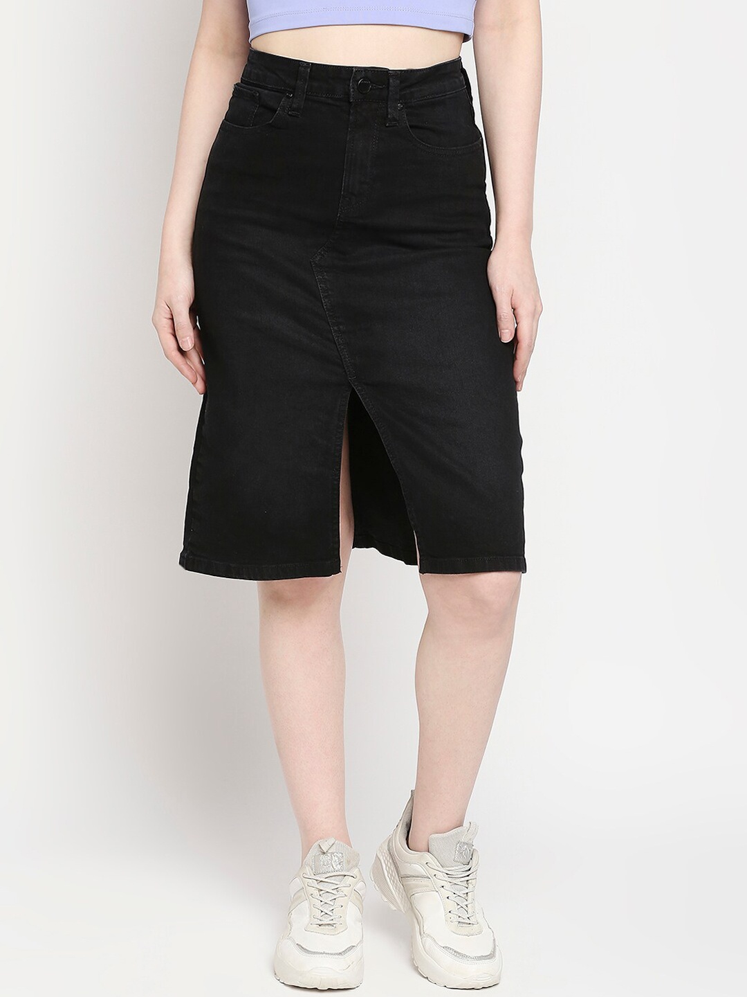 

SPYKAR Pencil Knee-Length Denim Skirt, Black