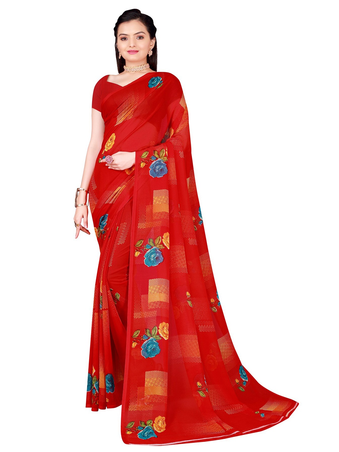 Florence Floral Pure Georgette Saree, Red