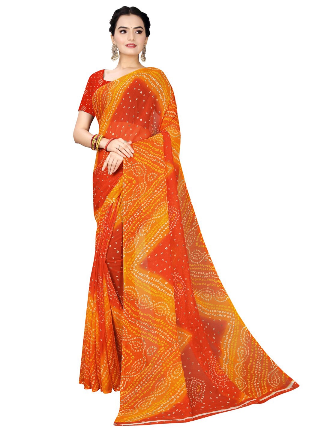 

Florence Red & Mustard Bandhani Pure Georgette Saree
