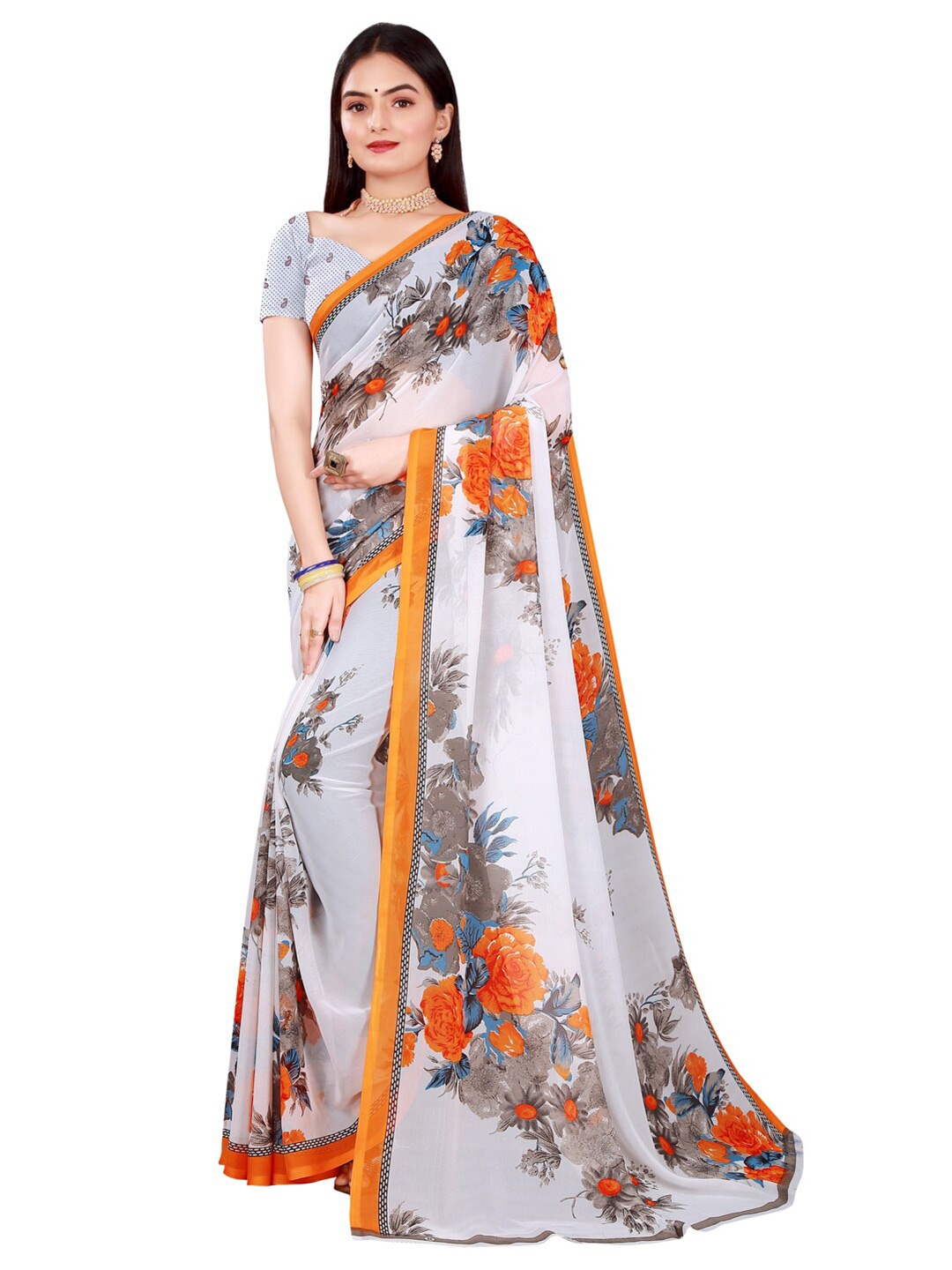 Florence Floral Pure Georgette Saree, White