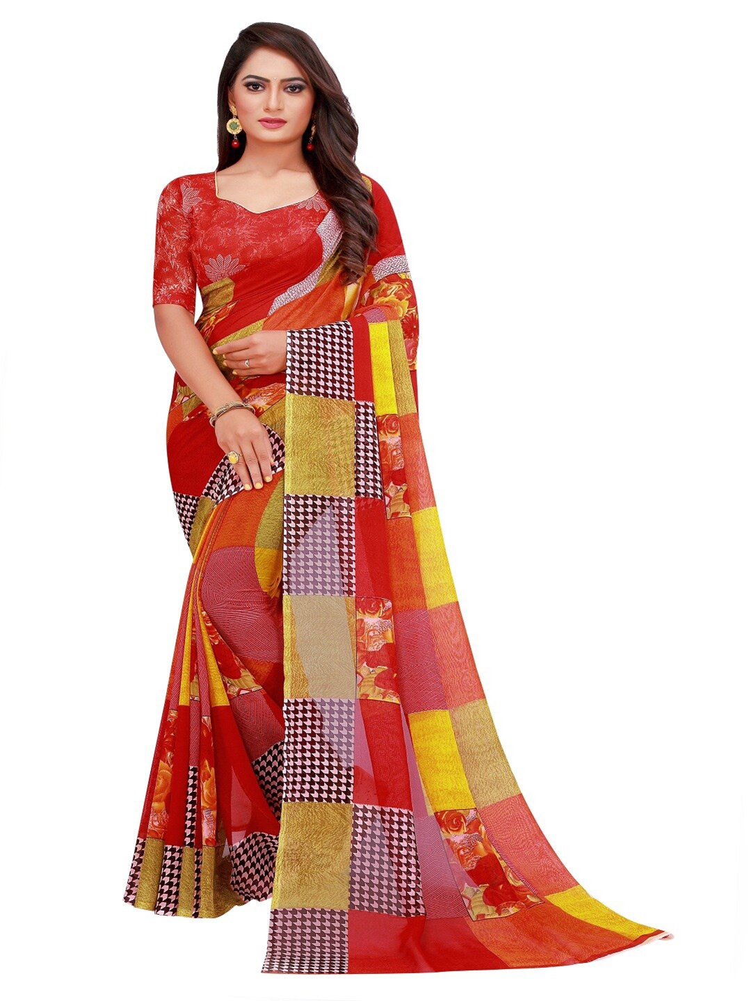 Florence Floral Pure Georgette Saree, Red