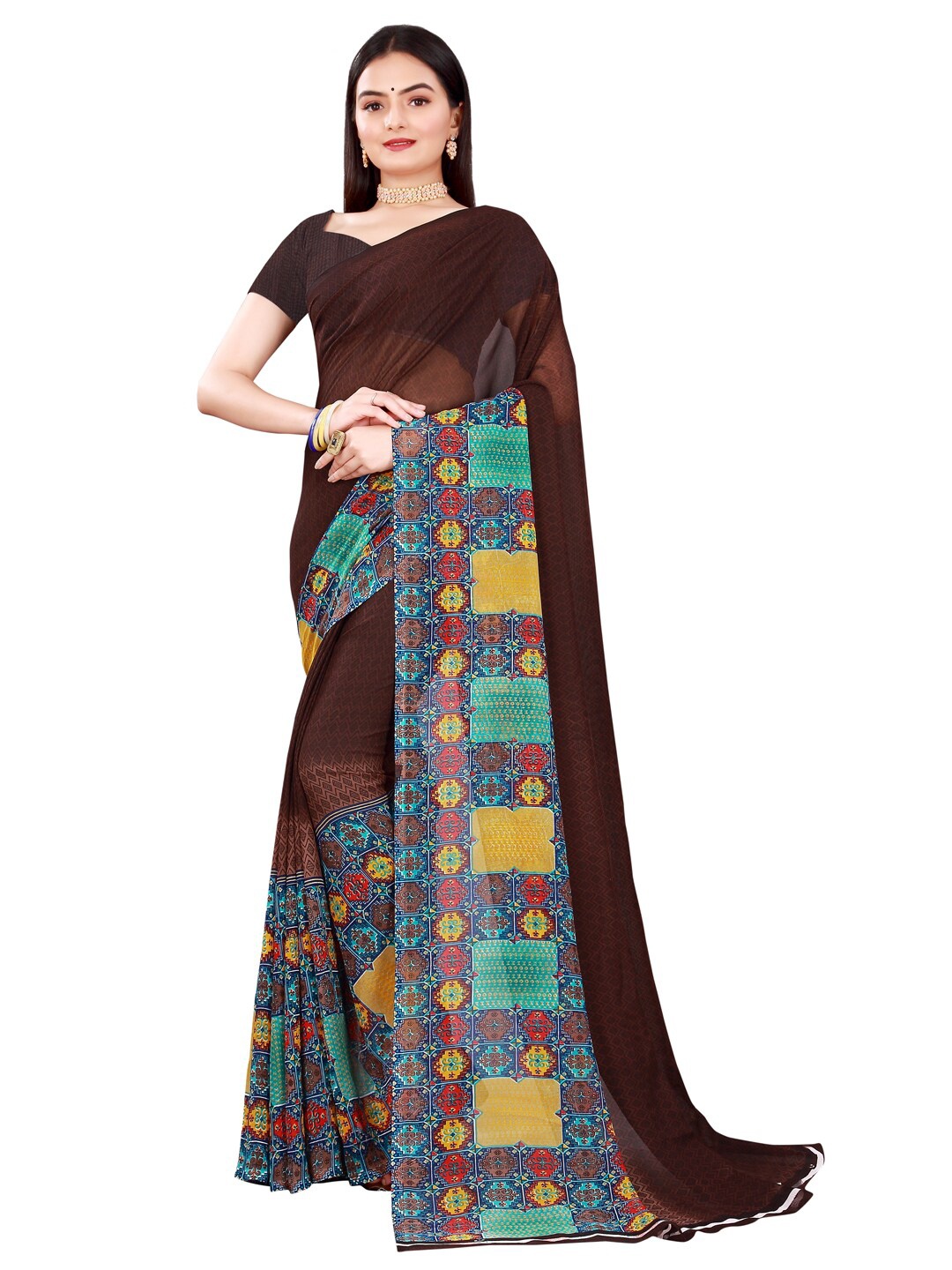 Florence Ethnic Motifs Pure Georgette Saree, Brown