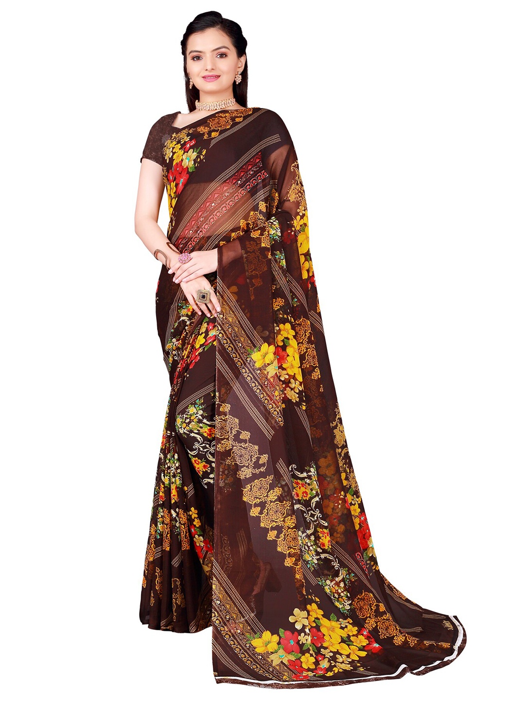 

Florence Floral Pure Georgette Saree, Coffee brown