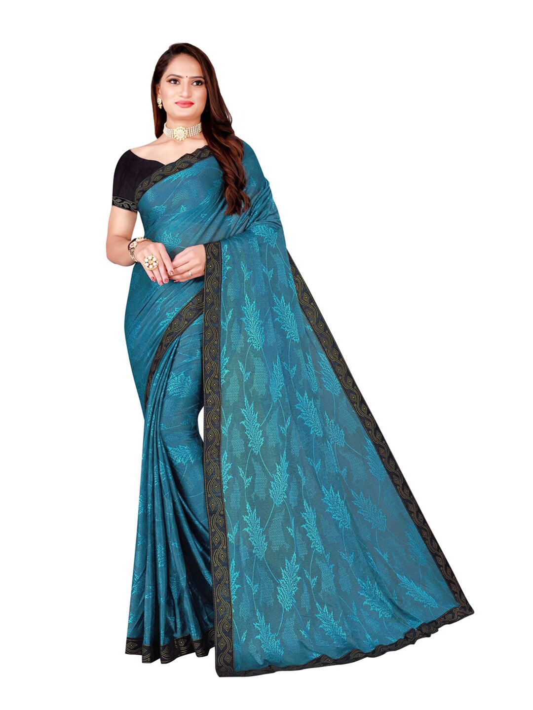 

Florence Foil Printed Floral Art Silk Saree, Teal