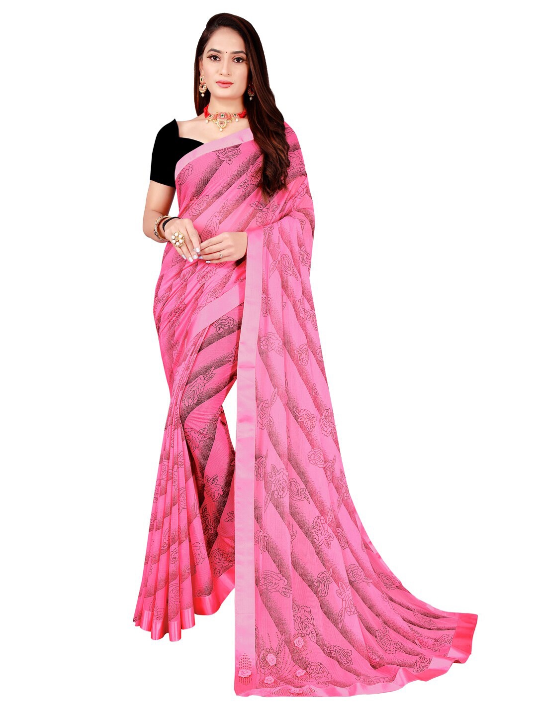 

Florence Foil Printed Floral Art Silk Saree, Pink