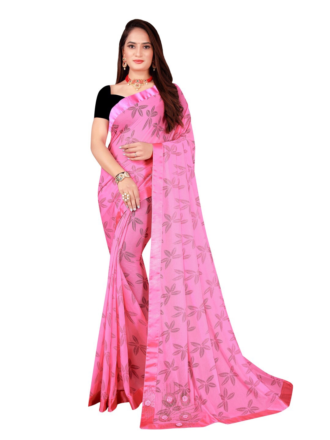 

Florence Foil Printed Floral Art Silk Saree, Pink