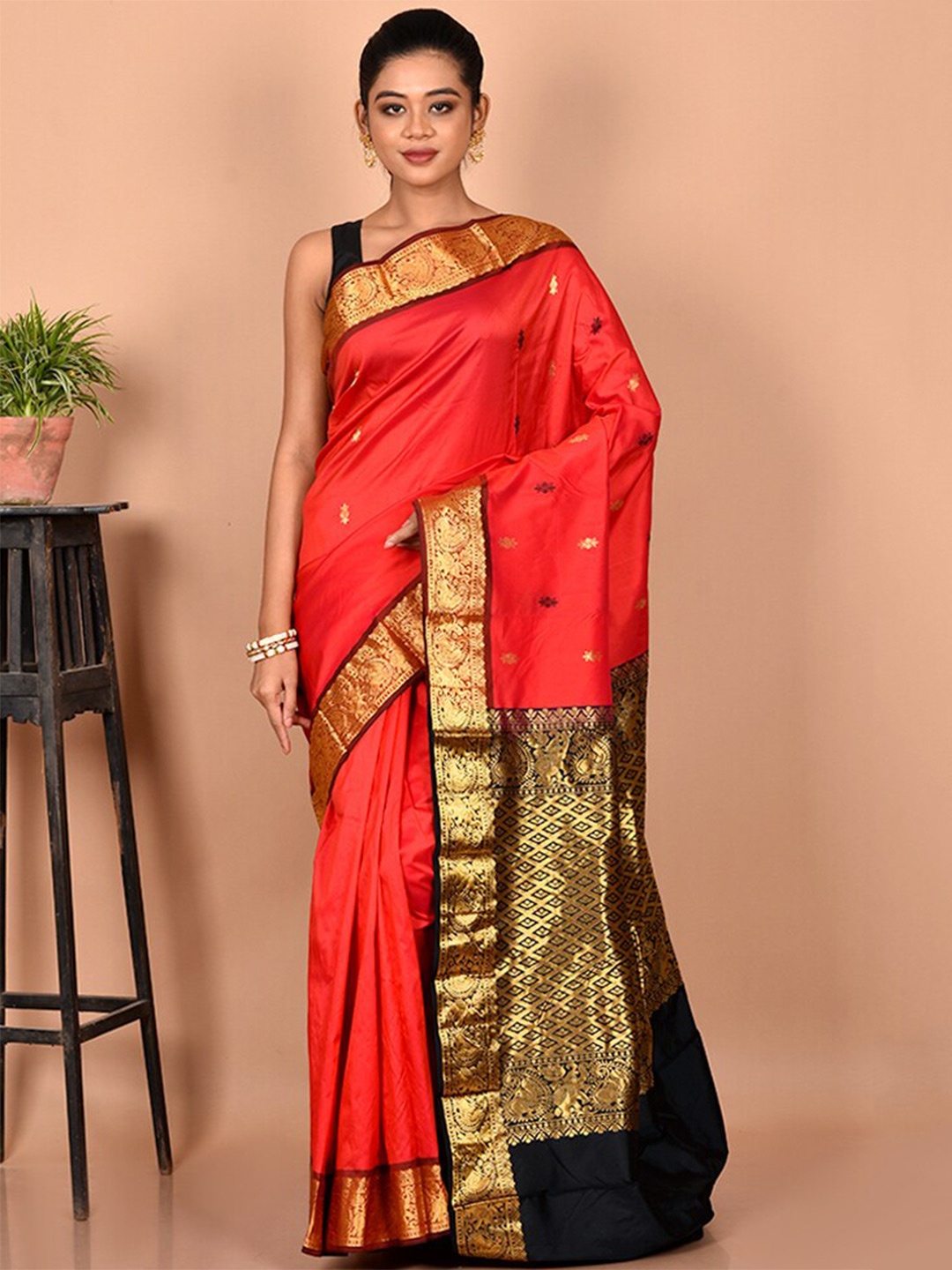 

AllSilks Red & Brown Woven Design Zari Silk Blend Kanjeevaram Saree