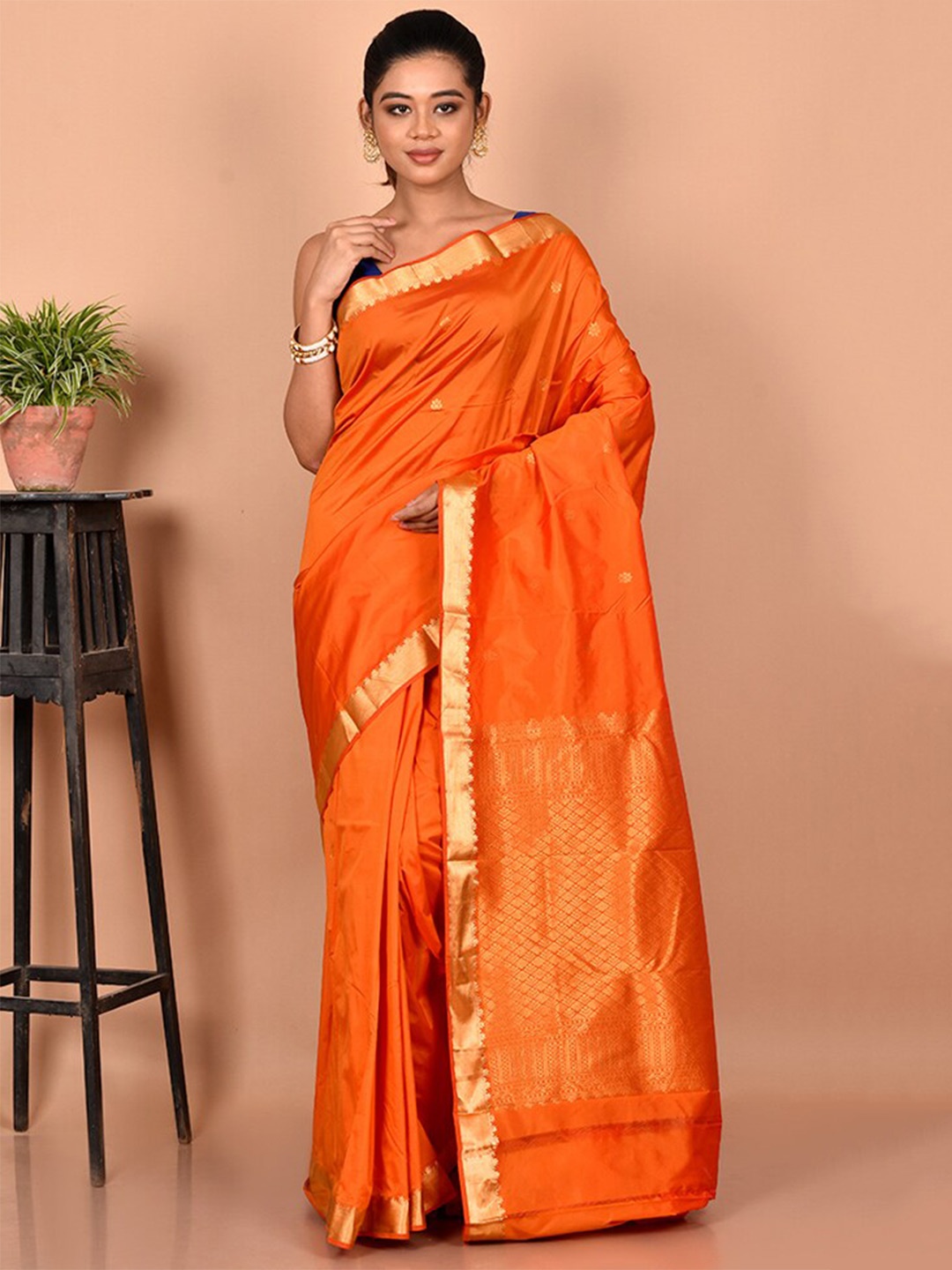 

AllSilks Woven Design Zari Silk Blend Kanjeevaram Saree, Orange