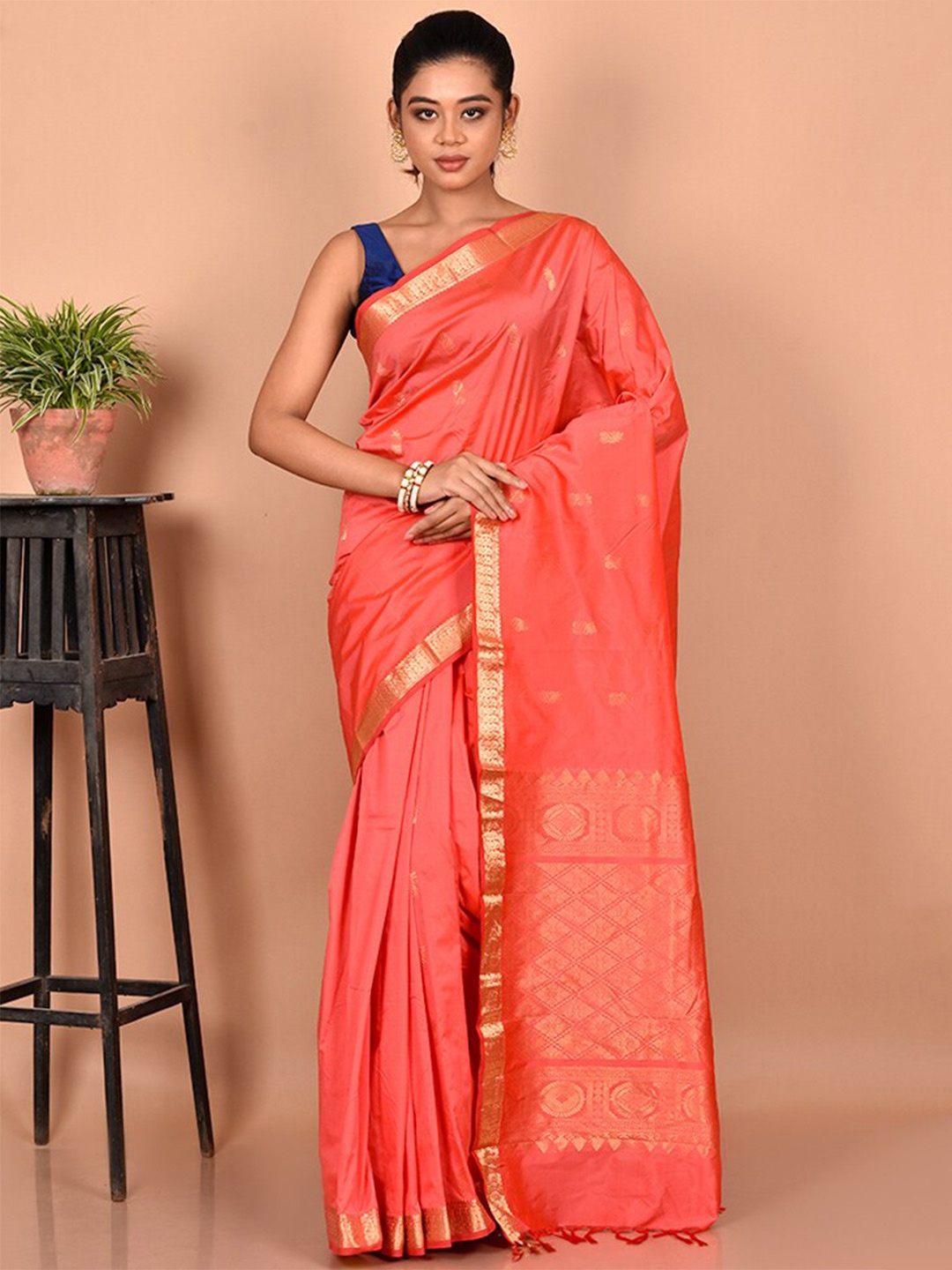 

AllSilks Woven Design Zari Silk Blend Kanjeevaram Saree, Pink
