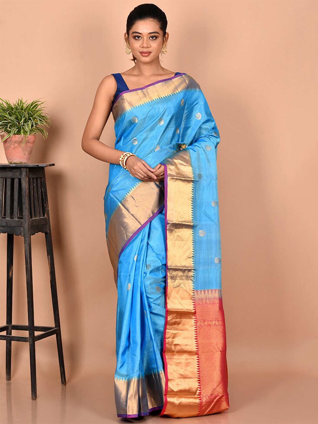 

AllSilks Woven Design Zari Pure Silk Kanjeevaram Saree, Blue