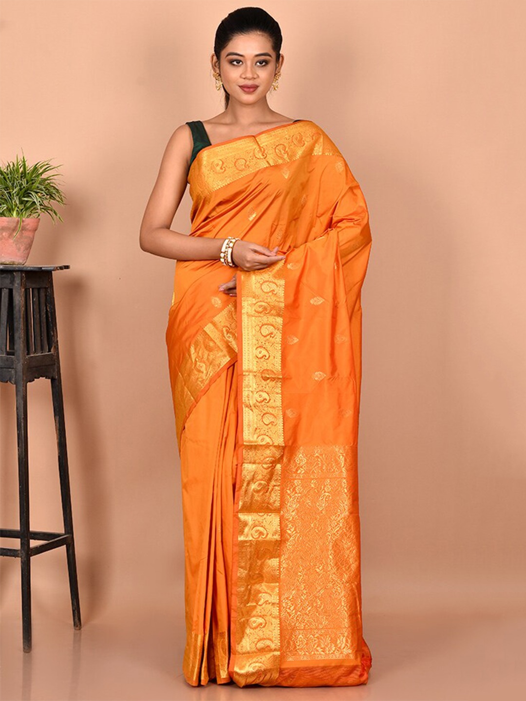 

AllSilks Woven Design Zari Silk Blend Kanjeevaram Saree, Orange