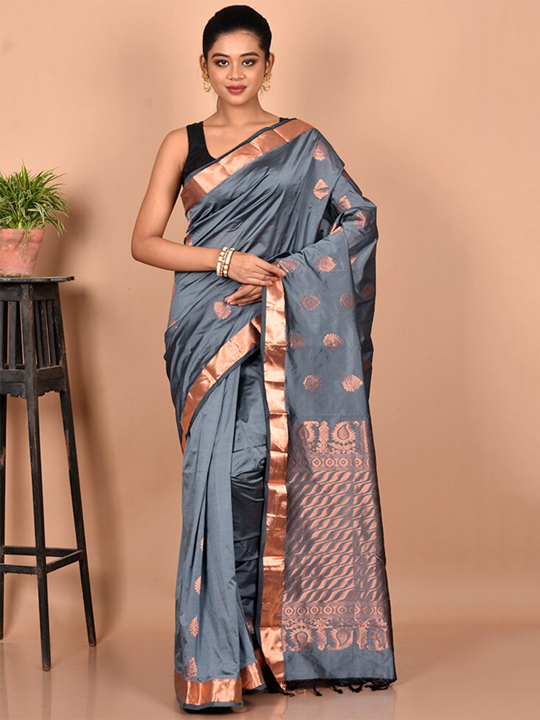 

AllSilks Woven Design Zari Silk Blend Kanjeevaram Saree, Grey