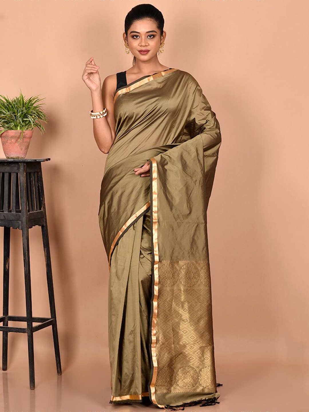 

AllSilks Zari Silk Blend Kanjeevaram Saree, Olive