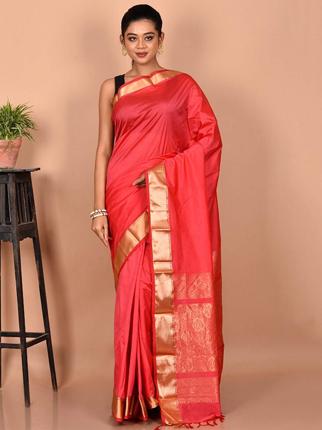 

AllSilks Zari Silk Blend Kanjeevaram Saree, Pink