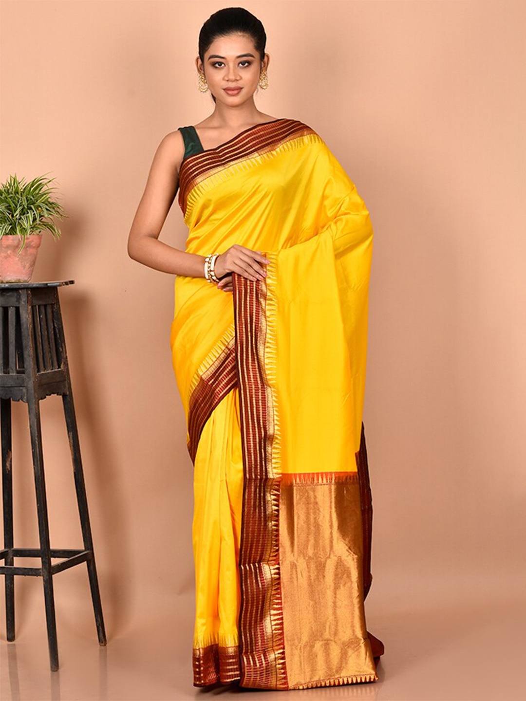 

AllSilks Zari Silk Blend Kanjeevaram Saree, Yellow