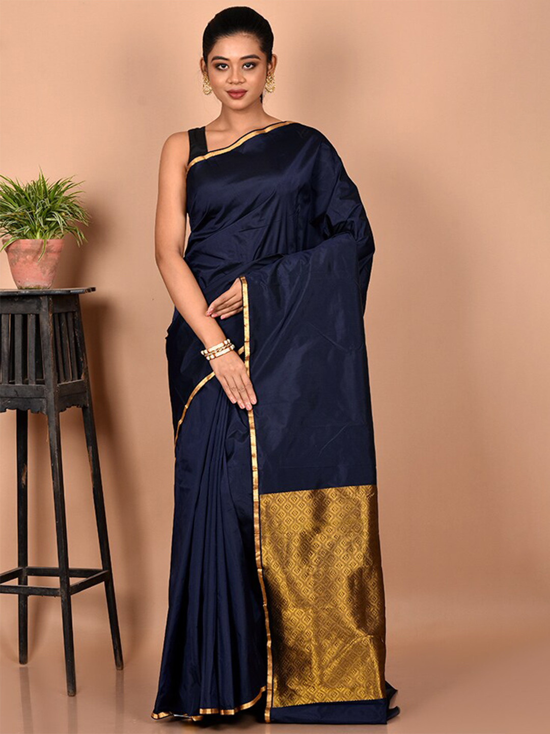 

AllSilks Zari Silk Blend Kanjeevaram Saree, Navy blue