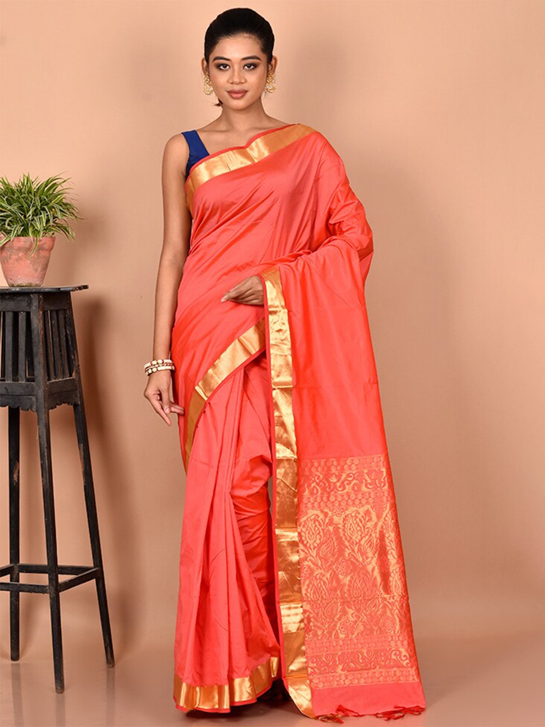 

AllSilks Zari Silk Blend Kanjeevaram Saree, Coral