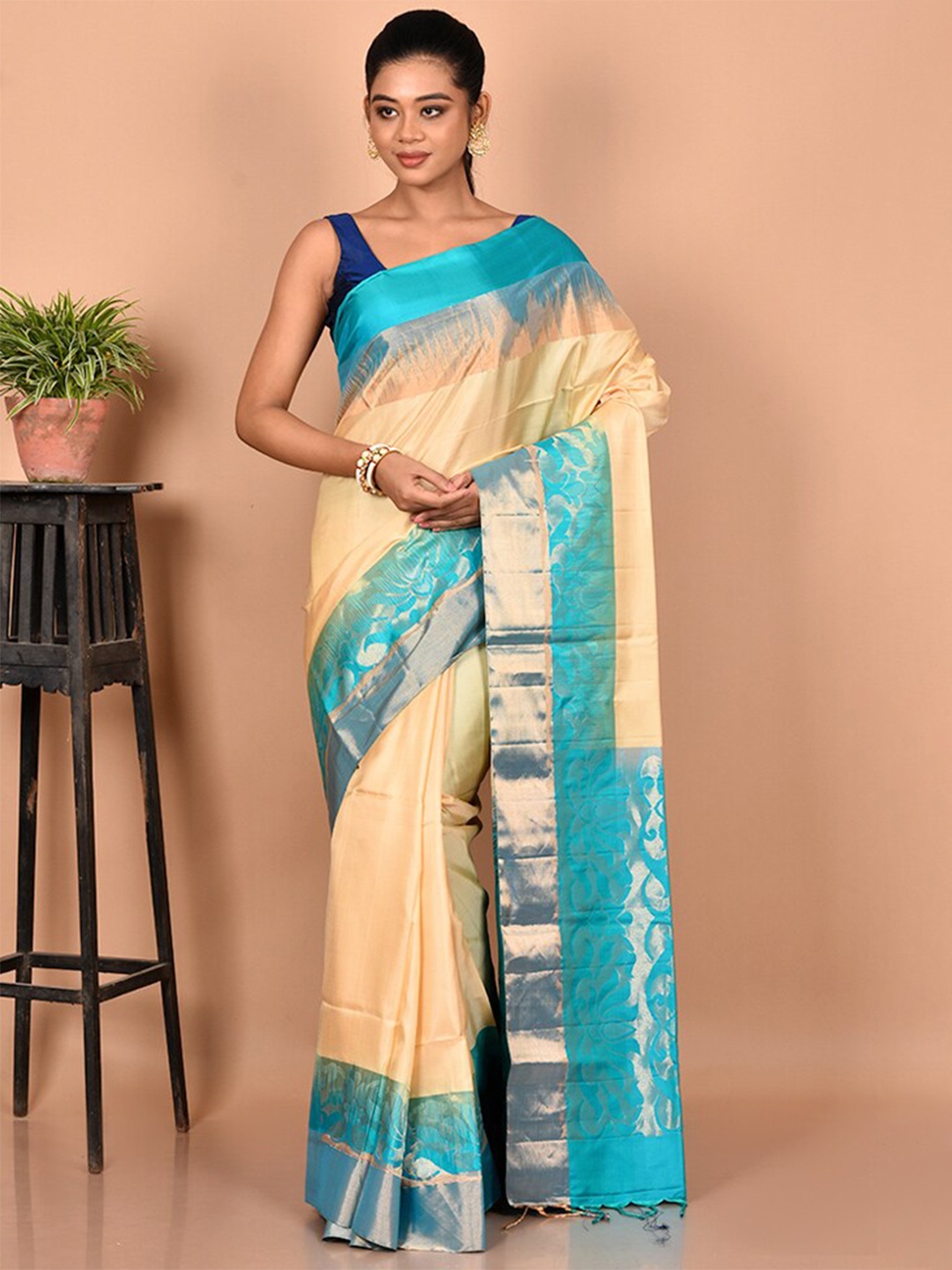 

AllSilks Woven Design Zari Pure Silk Kanjeevaram Saree, Cream