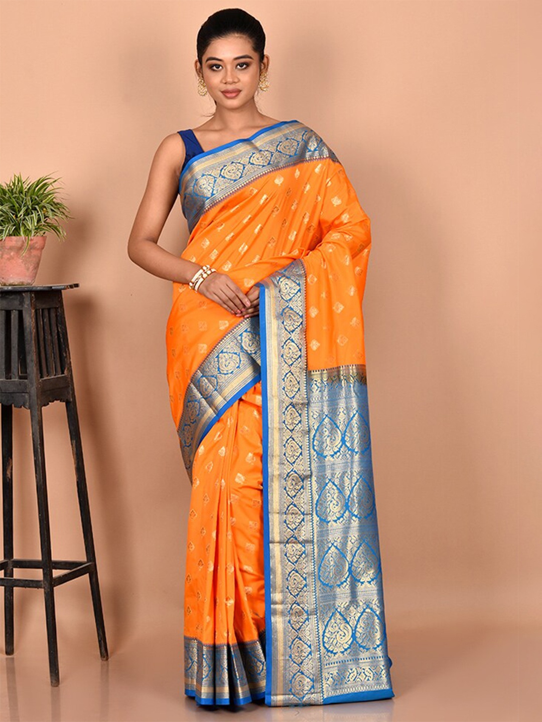 

AllSilks Woven Design Zari Silk Blend Kanjeevaram Saree, Orange