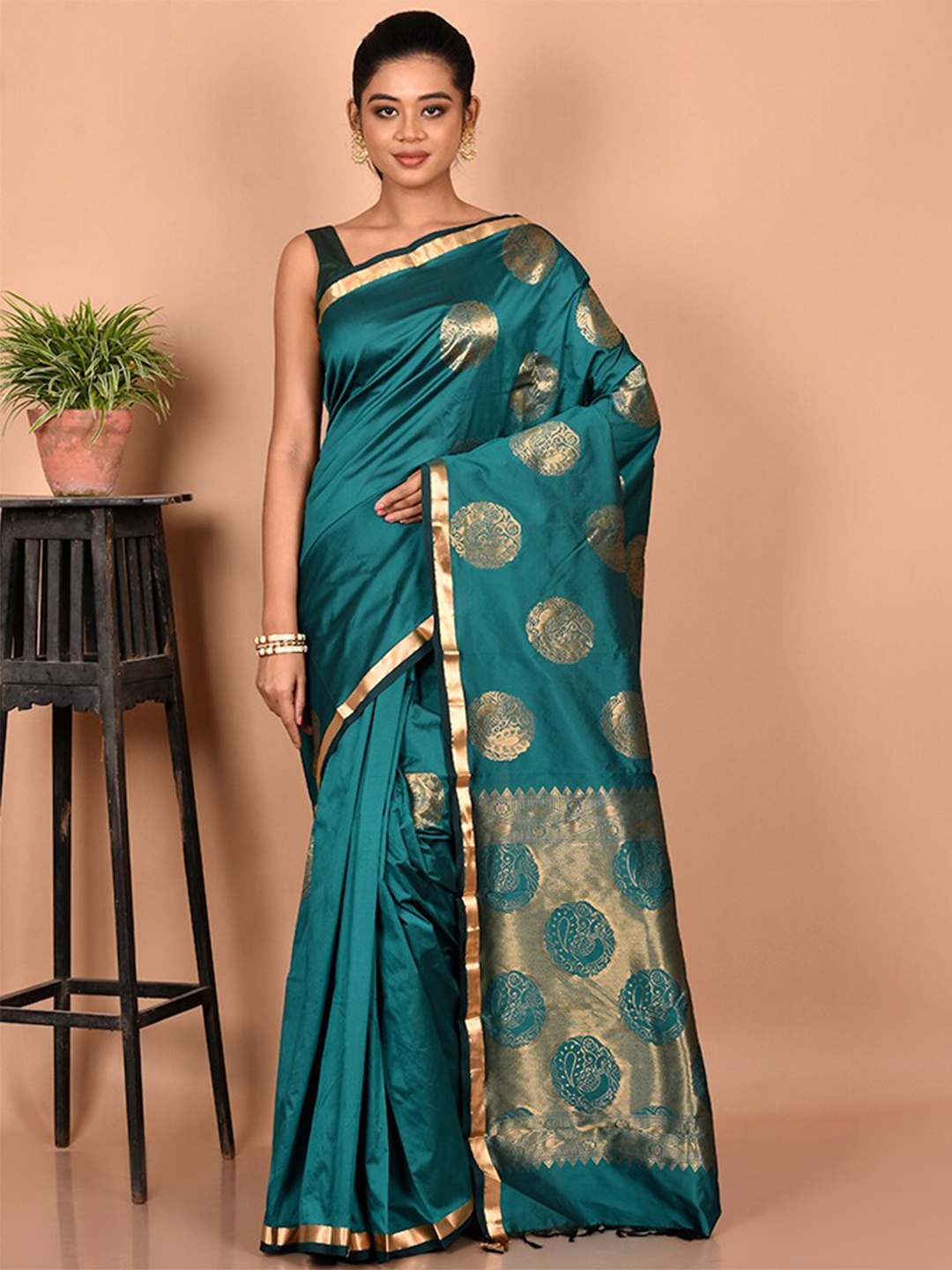 

AllSilks Woven Design Zari Silk Blend Kanjeevaram Saree, Green