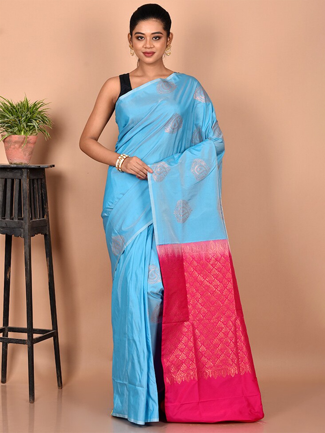 

AllSilks Woven Design Zari Silk Blend Kanjeevaram Saree, Blue