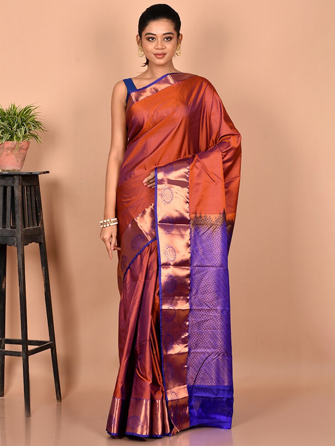 

AllSilks Woven Design Zari Silk Blend Kanjeevaram Saree, Rust