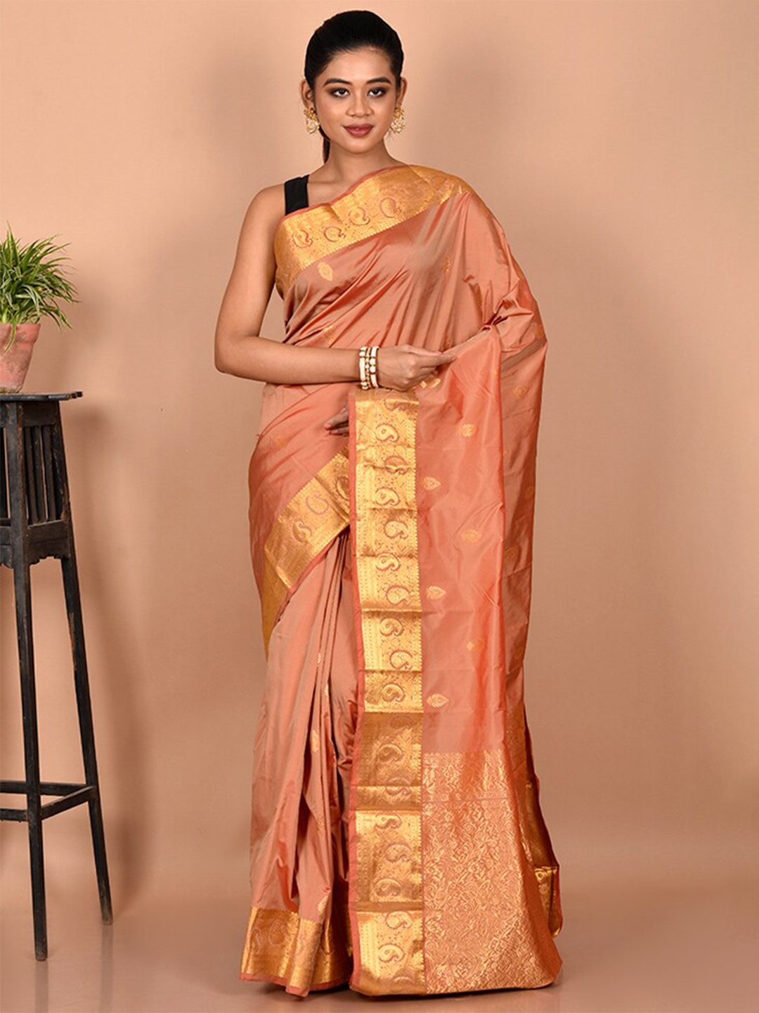 

AllSilks Woven Design Zari Silk Blend Kanjeevaram Saree, Peach