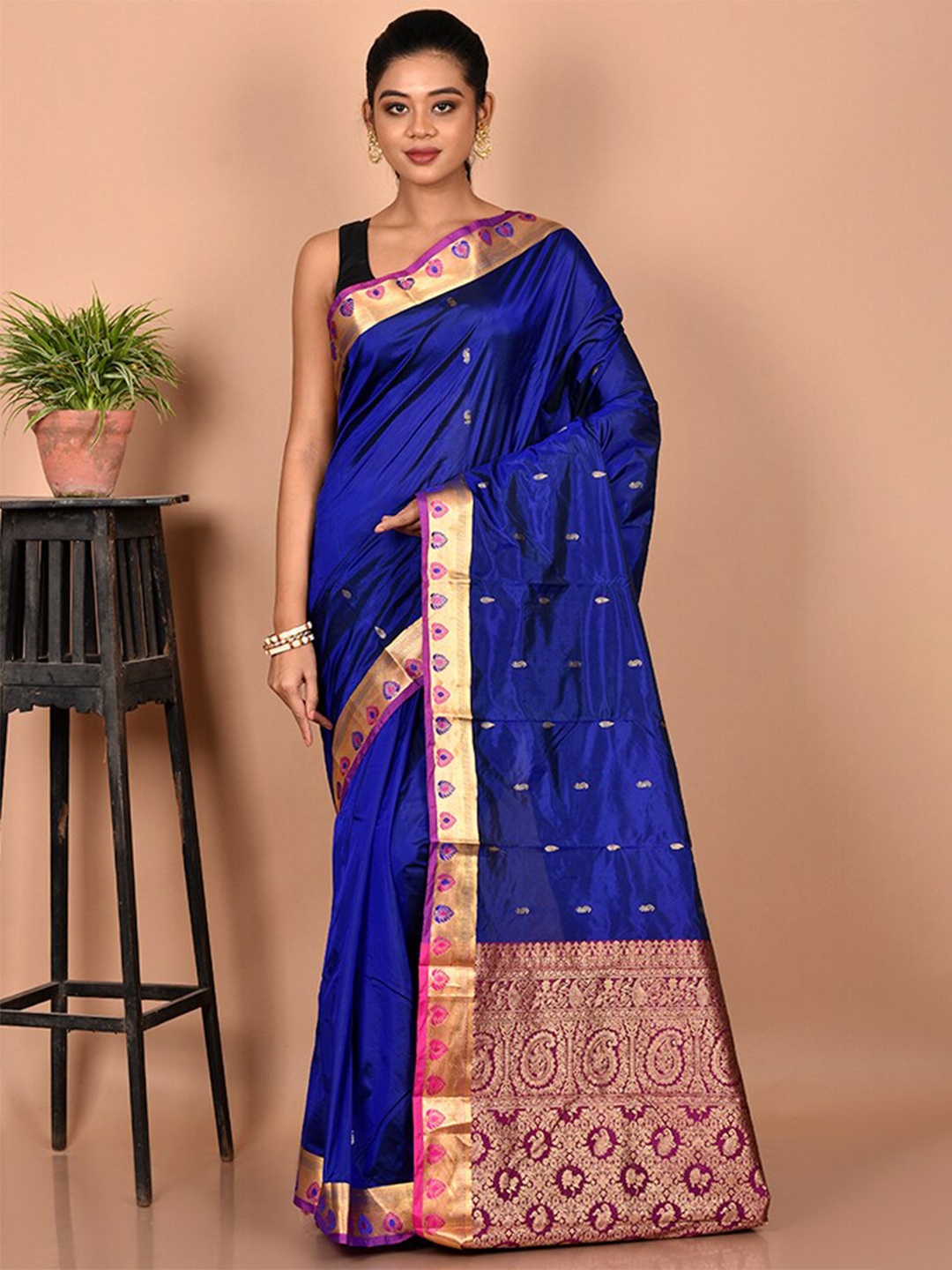 

AllSilks Woven Design Zari Silk Blend Kanjeevaram Saree, Blue