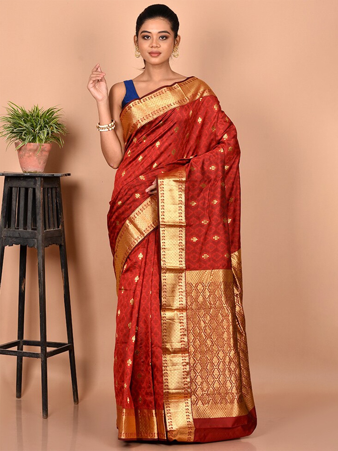 

AllSilks Woven Design Zari Silk Blend Kanjeevaram Saree, Maroon