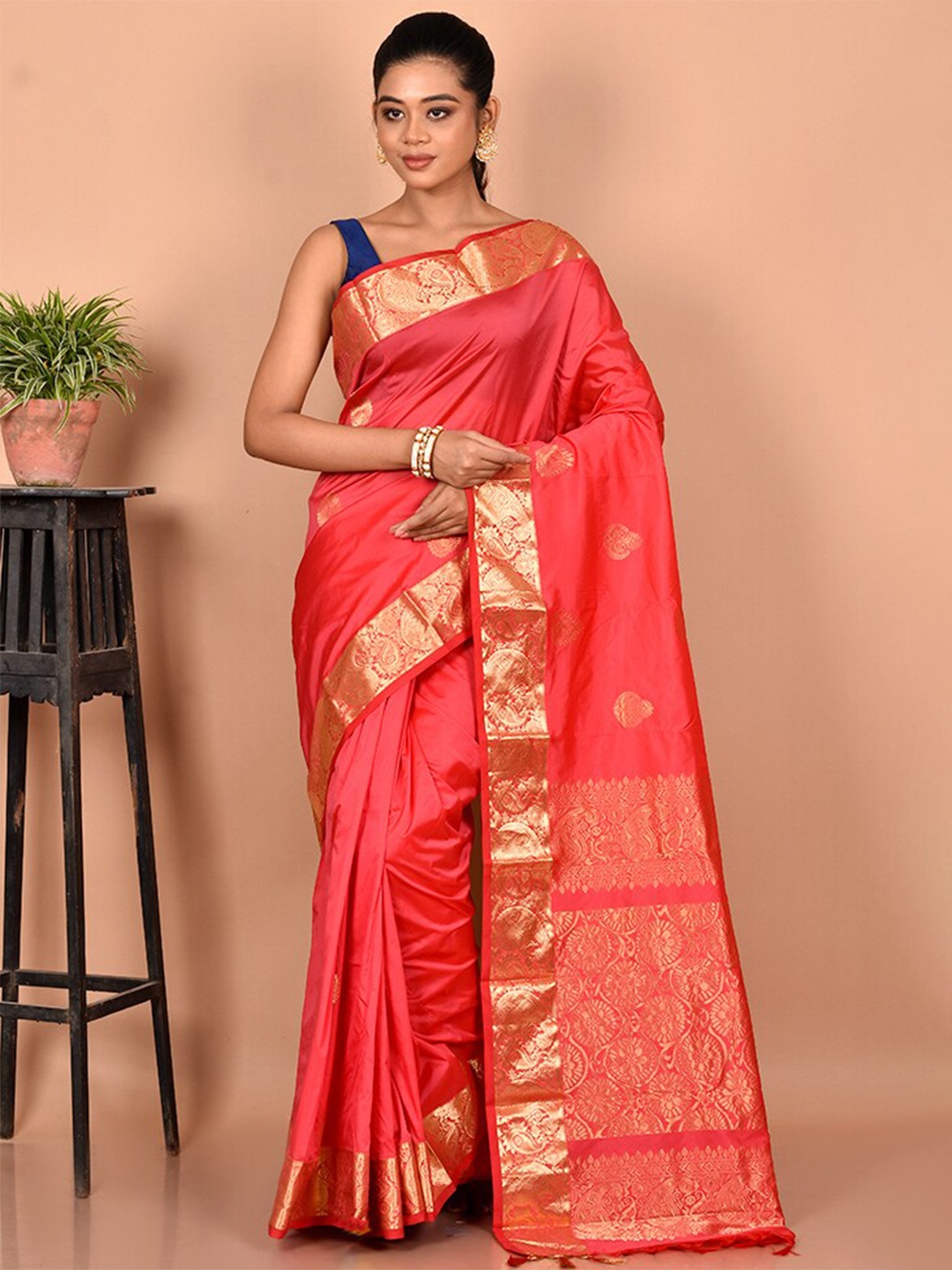 

AllSilks Woven Design Zari Silk Blend Kanjeevaram Saree, Pink