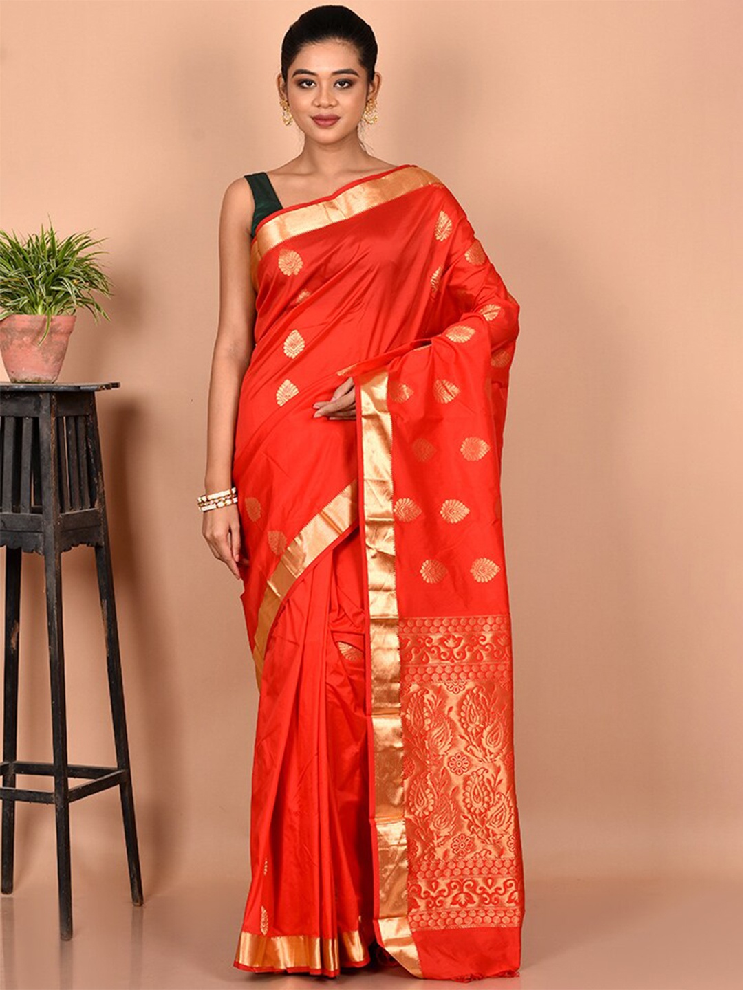 

AllSilks Woven Design Zari Silk Blend Kanjeevaram Saree, Orange