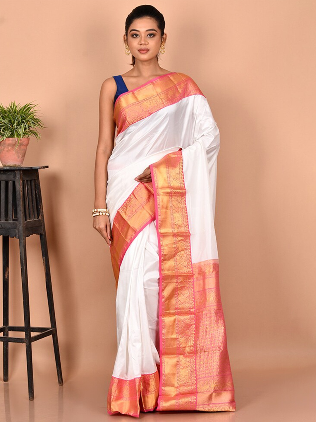 

AllSilks Zari Pure Silk Kanjeevaram Saree, White